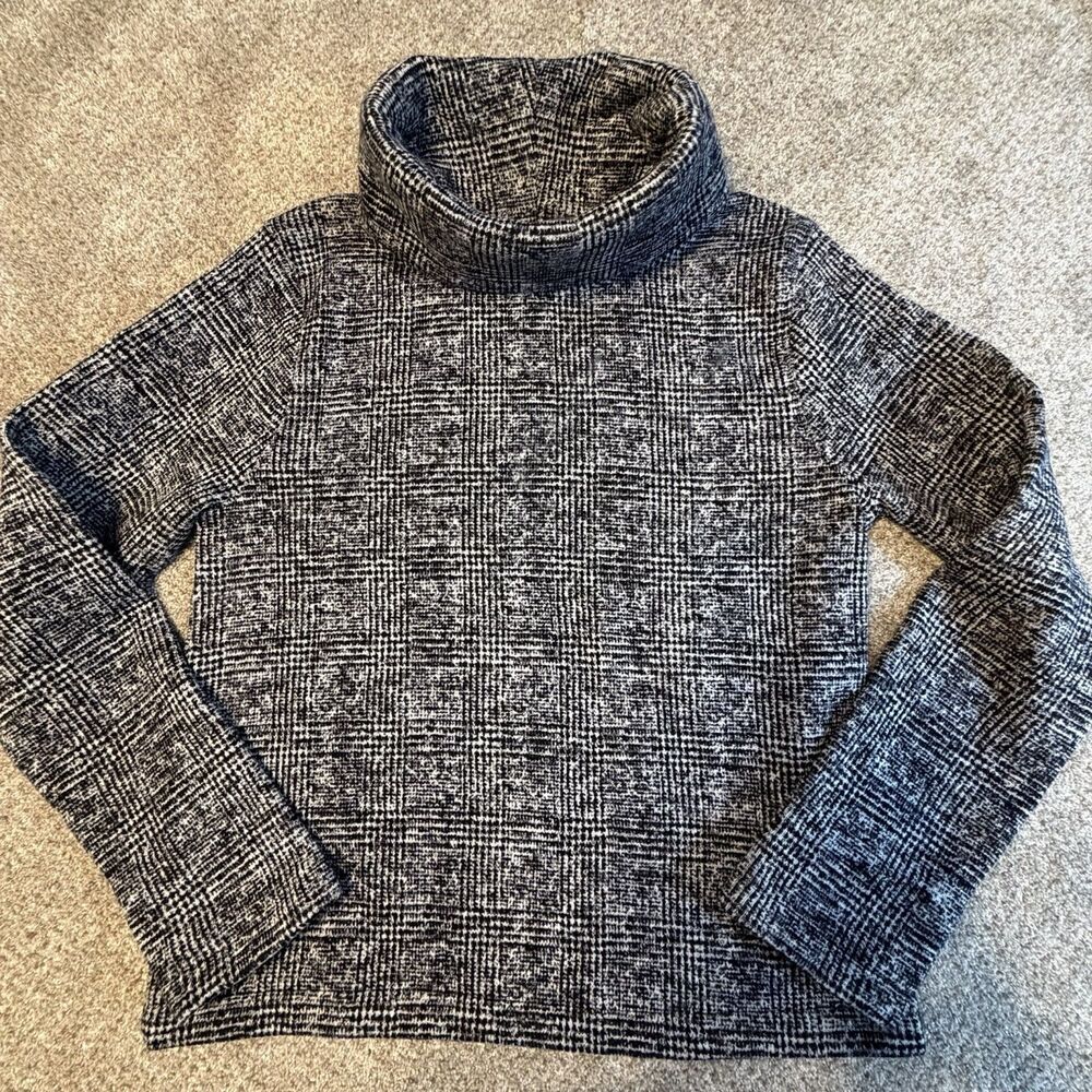 J. Crew Plaid Funnel Neck Thick Fleece Pullover Top Black White Size Large